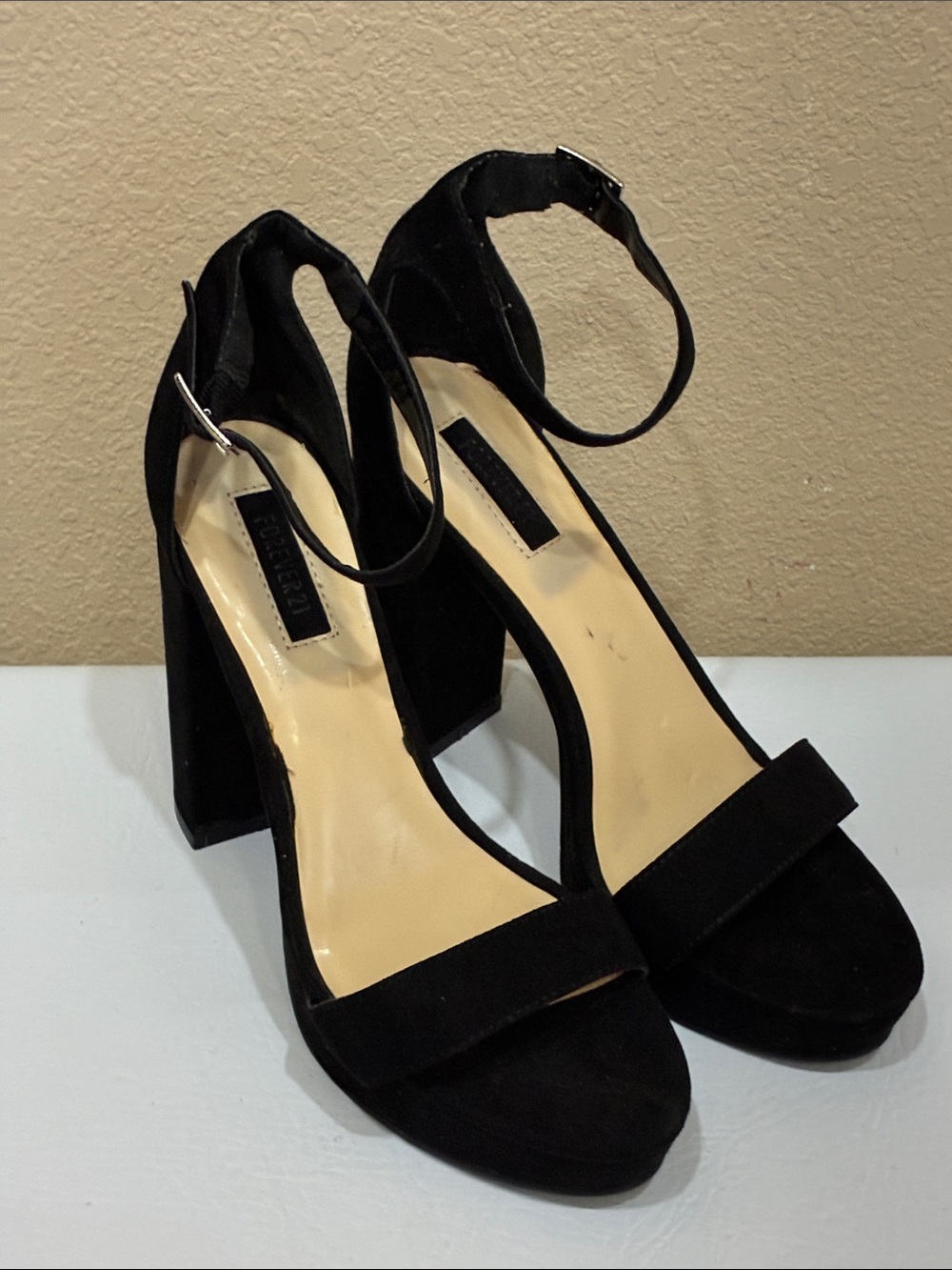 Forever 21 Black Suede Ankle-Strap Block Heels